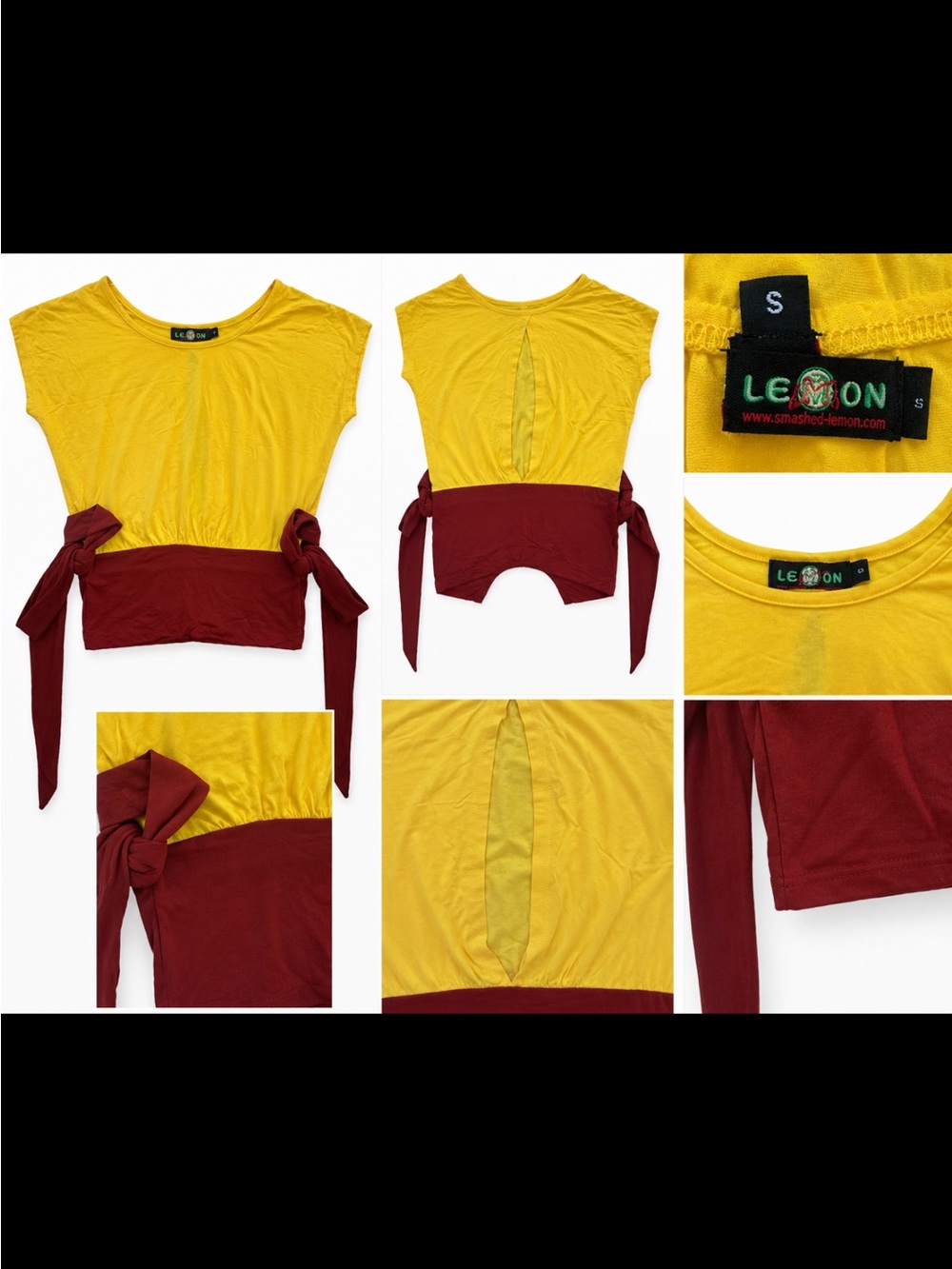 LEMON Yellow and Maroon Tie-Waist Cutout Crop Top